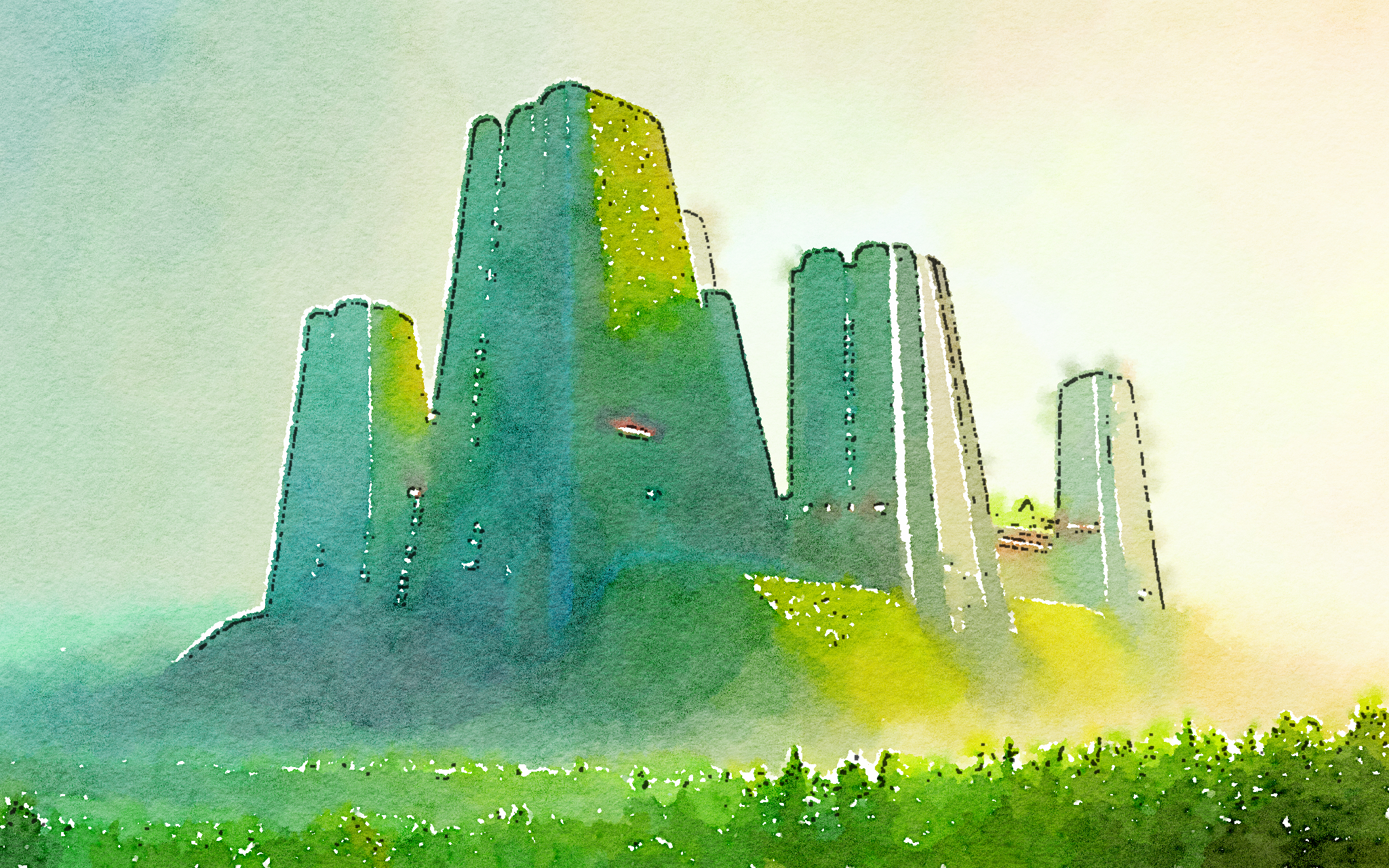 Large fortress buildings in the distance representing security.
