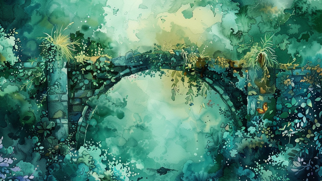 watercolor of verdant scene of bridge covered in plants