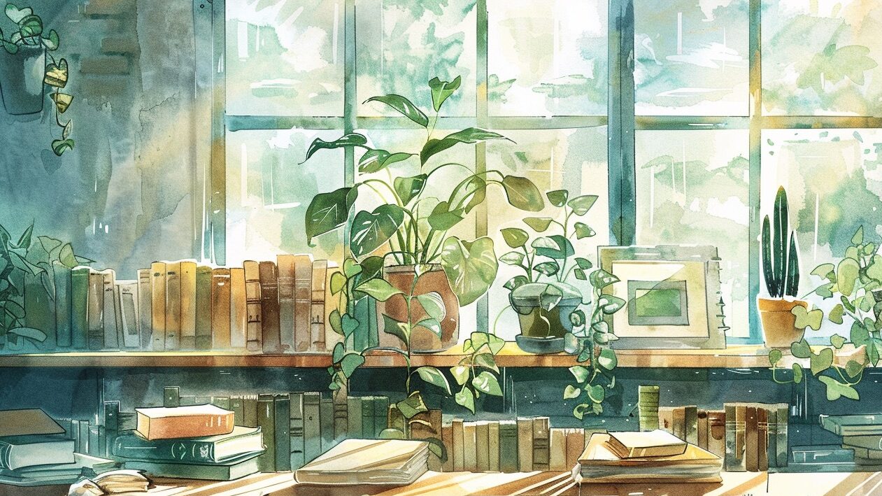 watercolor image of a library full of books and plants with sunlight streaming through large windows